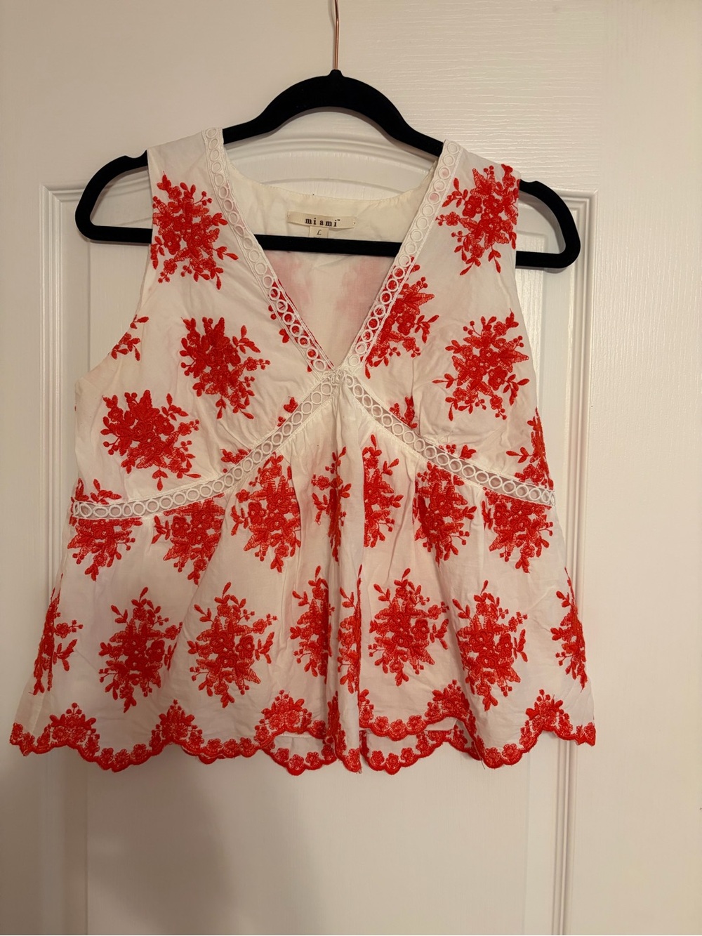 White Sleeveless Eyelet Top with Red Floral Embroidery